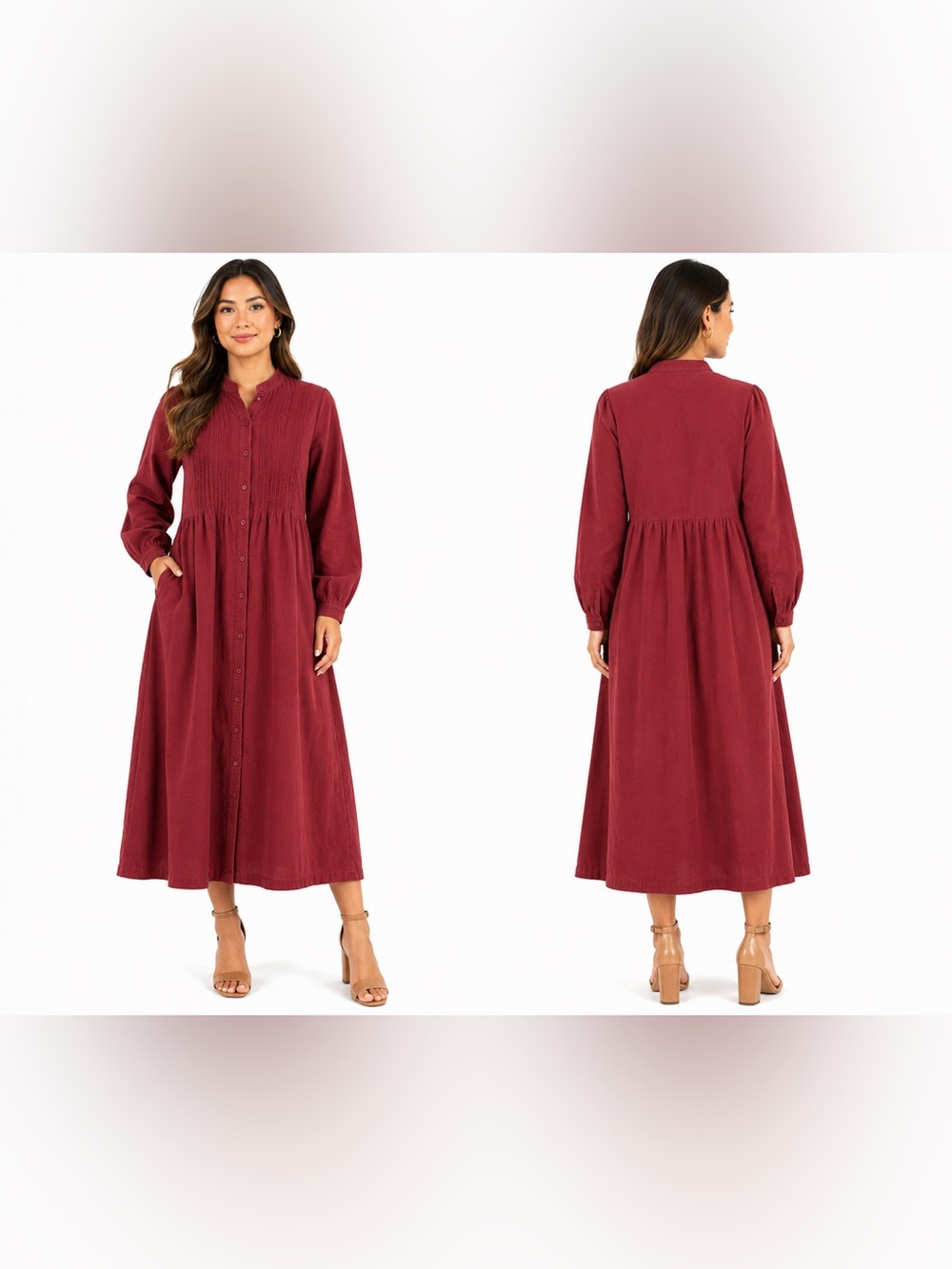 L.L. Bean Women's Button-Front Maxi Dress in Burgundy 100% cotton. Size 12